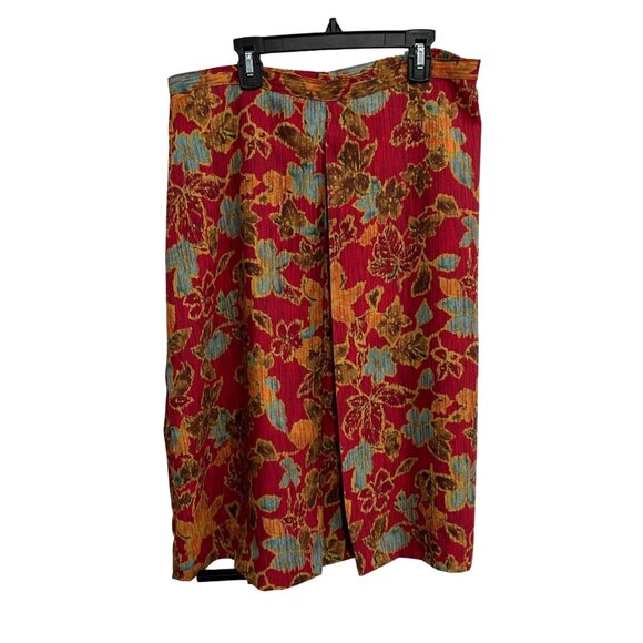 Leslie Fay Sz 14 Floral Pleated Skirt Scarf Red Multi Office Professional Artsy - Picture 1 of 8